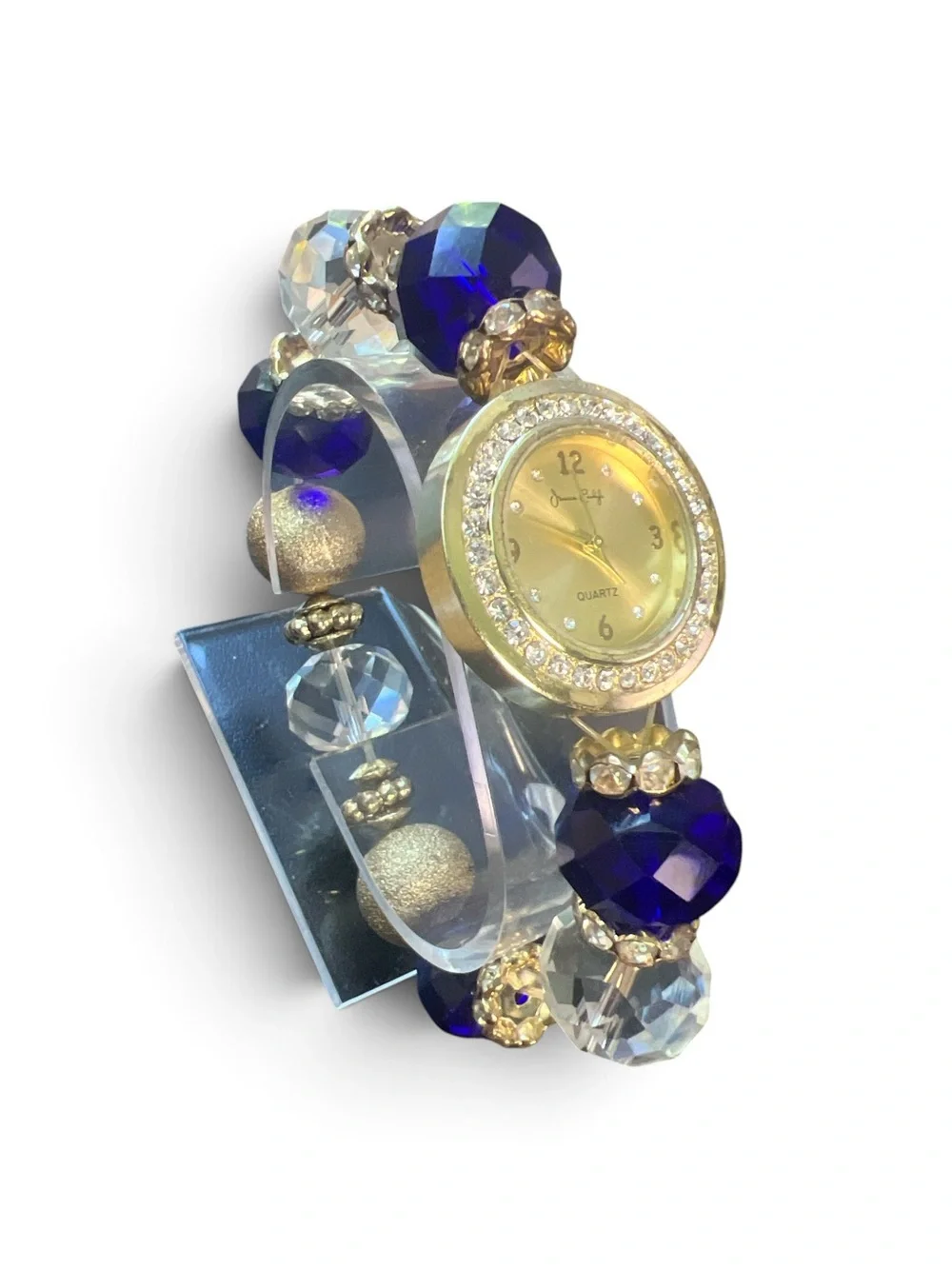 Jessica Carlyle 9196 Blue Crystal Stretch Bracelet Watch Gold Tone Rhinestone
